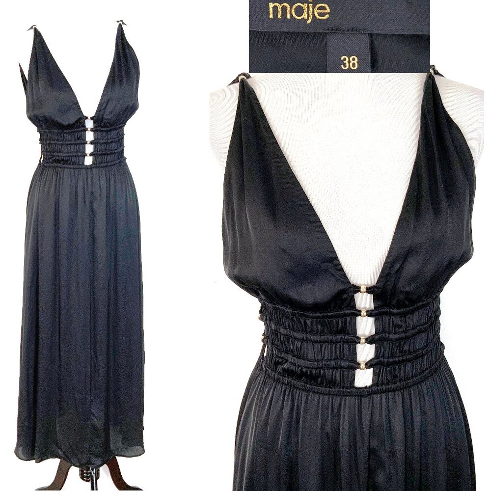 Maje Openwork Satin-Effect Black Maxi Dress Party Prom Sz 38 (4) - Picture 2 of 16